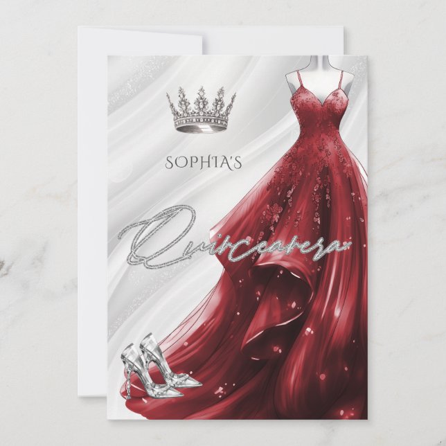 Invitación Plata Burgundy Rojo Esparkle Vestido Quinceañera (Anverso)