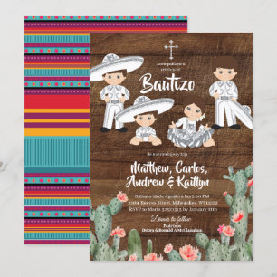 Invitación Plata Charro Mexicana Rústica Bautizo de Hermanos