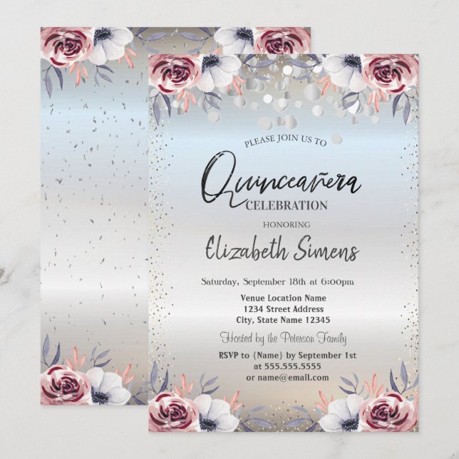 Invitación Plata Confetti Dots Silver Floral Quinceañera (Anverso / Reverso)