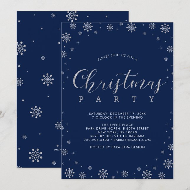 Invitación Plata | Copos de Nieve Modernos Fiesta de Navidad (Anverso / Reverso)
