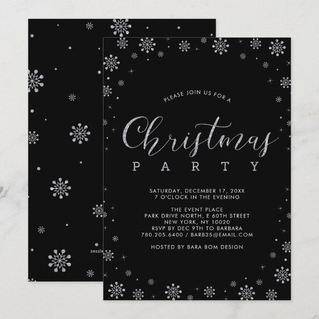 Invitación Plata | Copos de Nieve Modernos Fiesta de Navidad (Anverso / Reverso)