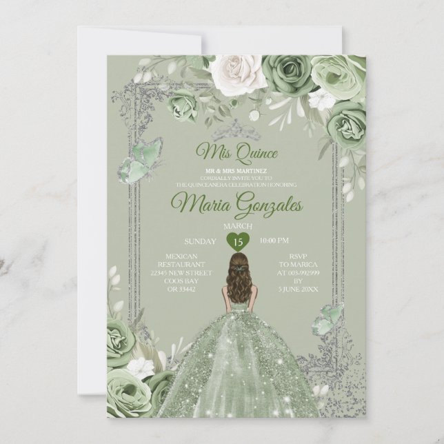 Invitación Plata Crown Sage Green Floral Mis Quince 15 Anos (Anverso)