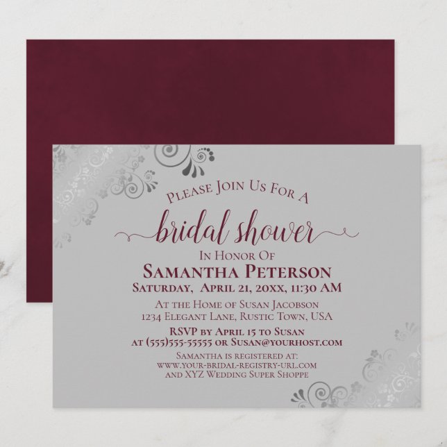 Invitación Plata Curls Borgoña y Gris Elegante Ducha Bridal (Anverso / Reverso)