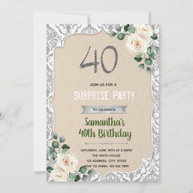 Invitación plata damasco 40 cumpleaños (Anverso)