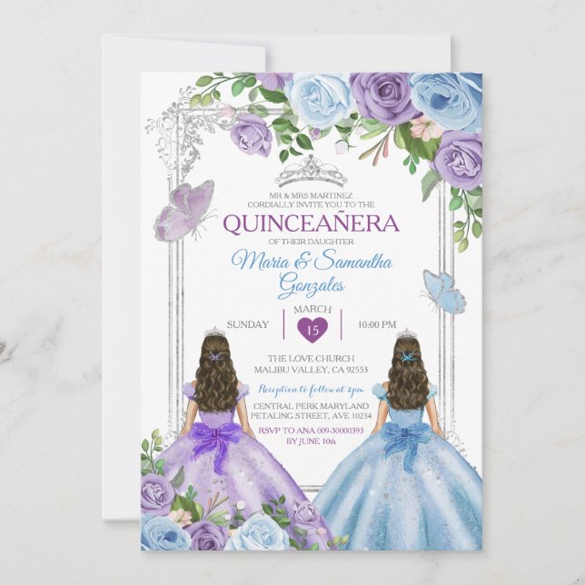 Invitación Plata De Mariposa Doble Morada Y Azul Quinceañera (Anverso)