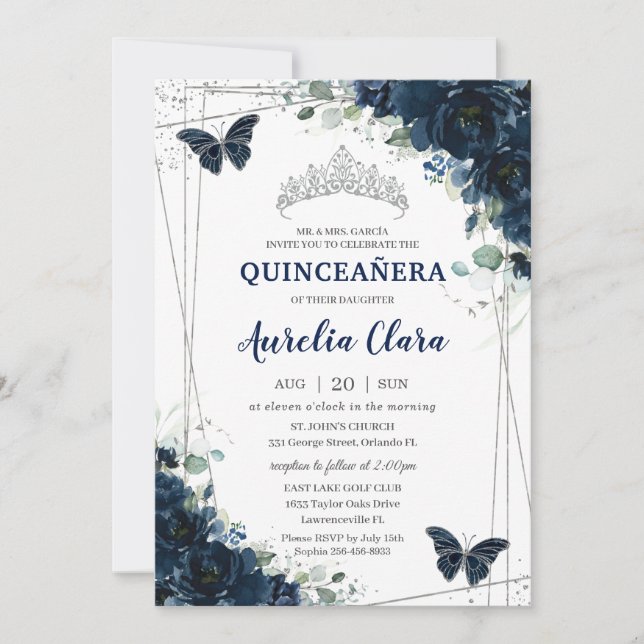 Invitación Plata de mariposas florales azules de la marina de (Anverso)