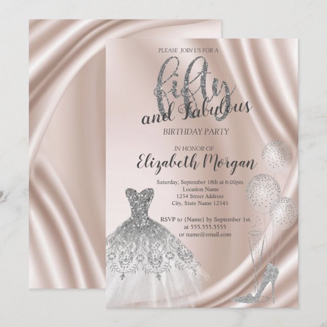 Invitación Plata De Tos Altos Vestidos De Fiesta De Cumpleaño (Anverso / Reverso)