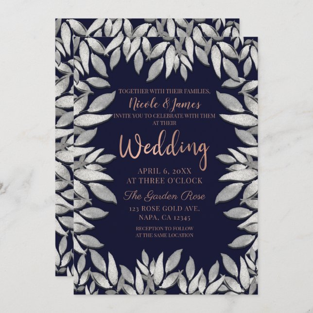 Invitación Plata deja Boda rosa azul glam botánico (Anverso / Reverso)