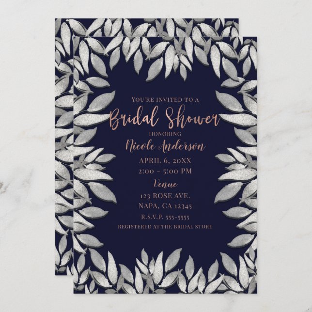 Invitación Plata deja Boda rosa azul glam botánico (Anverso / Reverso)