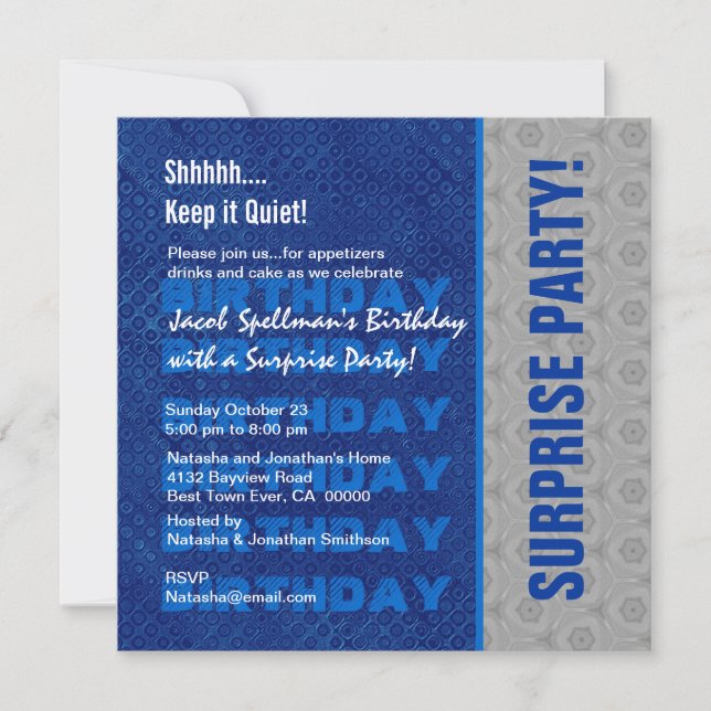 Invitación Plata del azul de la fiesta de cumpleaños de la (Anverso)