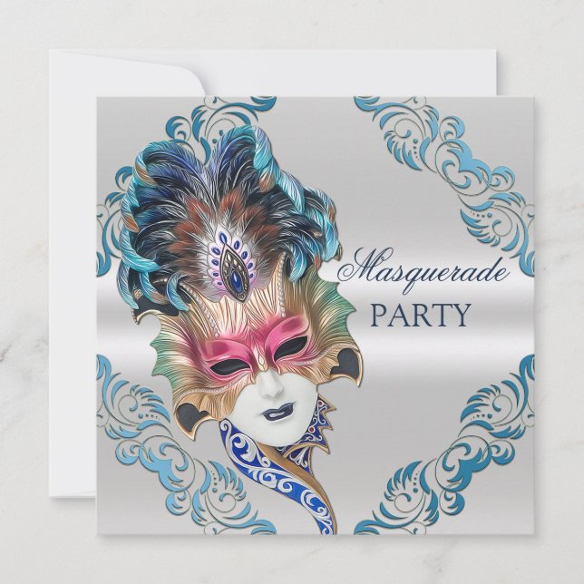 Invitación Plata del fiesta de la mascarada de la máscara de (Anverso)