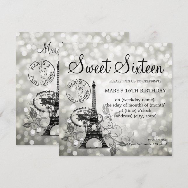 Invitación Plata Dulce Dieciséis Románticos Glam Paris (Anverso / Reverso)