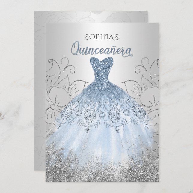 Invitación Plata Duste Blue Sparkle Dress Quinceañera Quince (Anverso / Reverso)