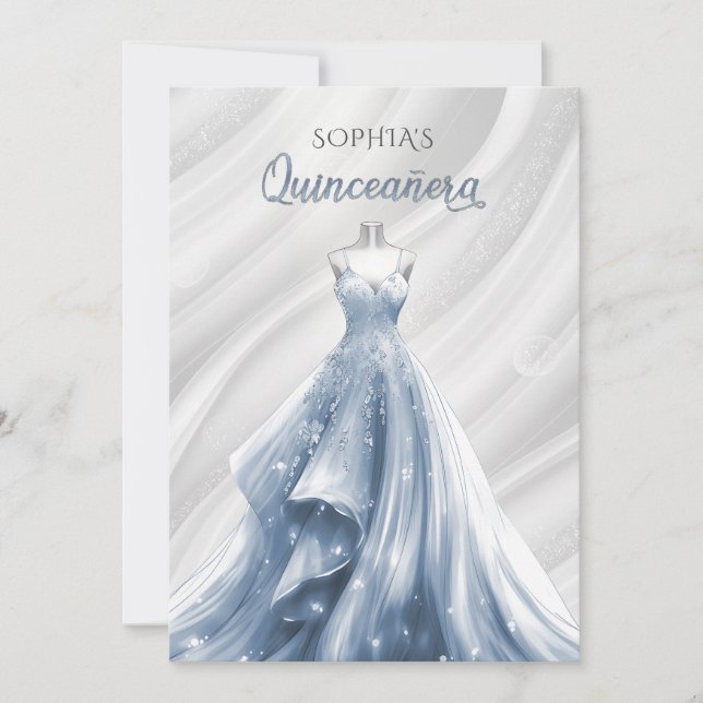 Invitación Plata Duste Blue Sparkle Dress Quinceañera Quince (Anverso)