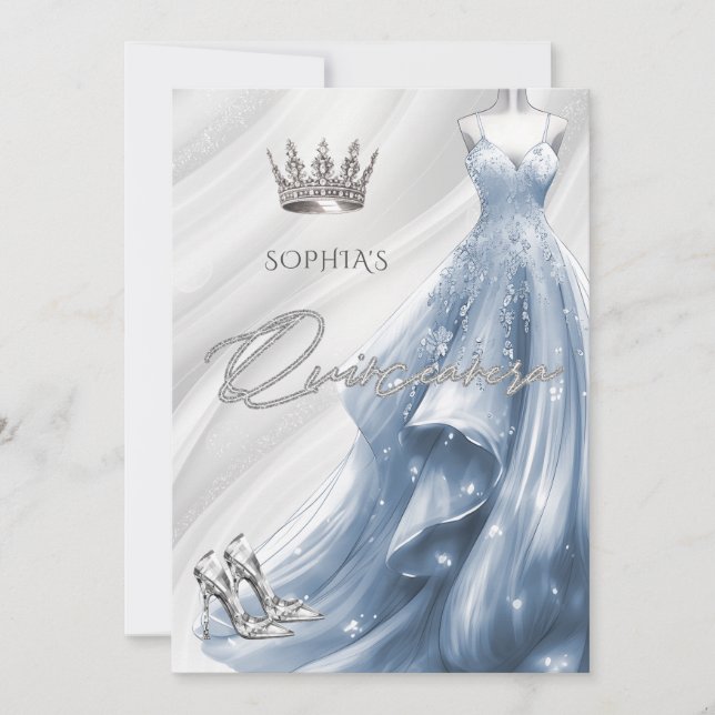 Invitación Plata Duste Blue Sparkle Vress Quinceañera (Anverso)
