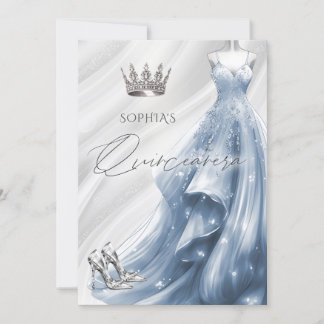 Invitación Plata Duste Blue Sparkle Vress Quinceañera