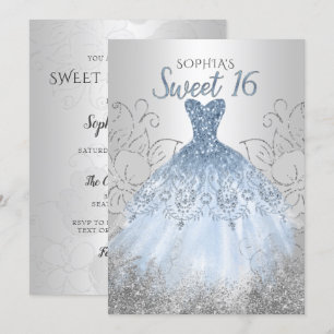 Invitación Plata Dusty Blue Sparkle Vestido dulce de 16 años