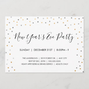 Invitación Plata + El fiesta de Noche Vieja del confeti del