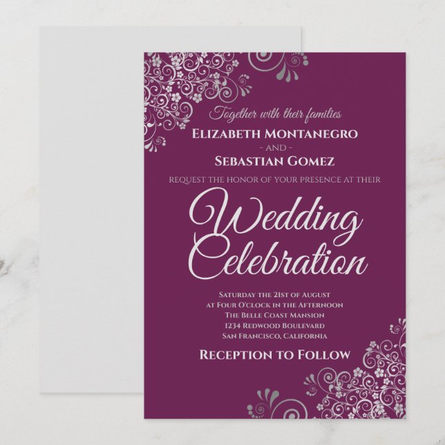 Invitación Plata en Cassis Purple Simple Elegante Boda (Anverso / Reverso)