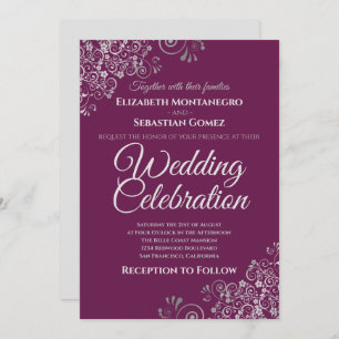 Invitación Plata en Cassis Purple Simple Elegante Boda