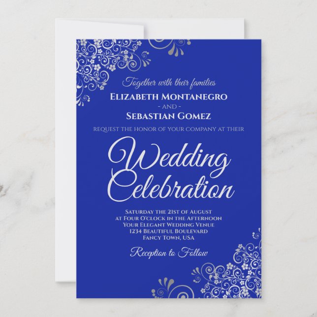Invitación Plata en Royal Blue Simple Elegant Wedding (Anverso)
