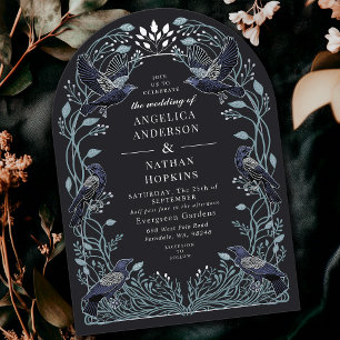 Invitación Plata Encantada Gótica Raven Floral Boda Ach