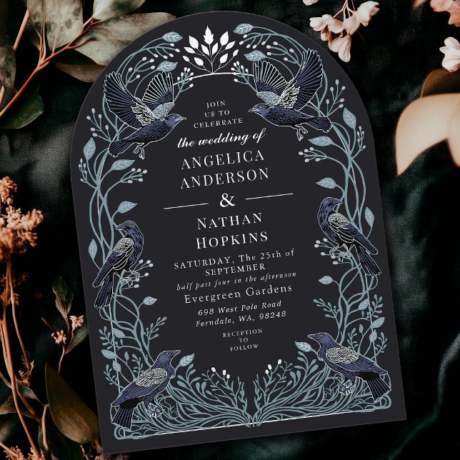 Invitación Plata Encantada Gótica Raven Floral Boda Ach (Subido por el creador)