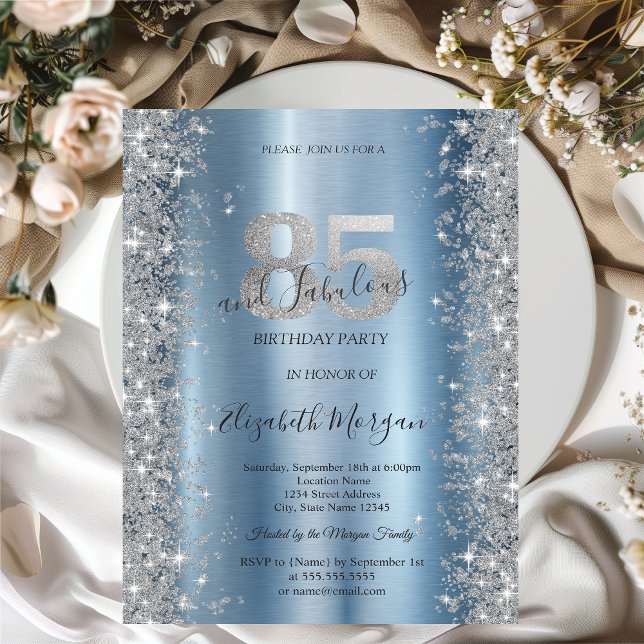 Invitación Plata Espuma Diamantes Azul 85º cumpleaños (Subido por el creador)