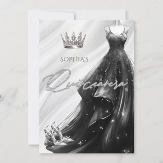 Invitación Plata Espuma negra Vestida Quinceañera