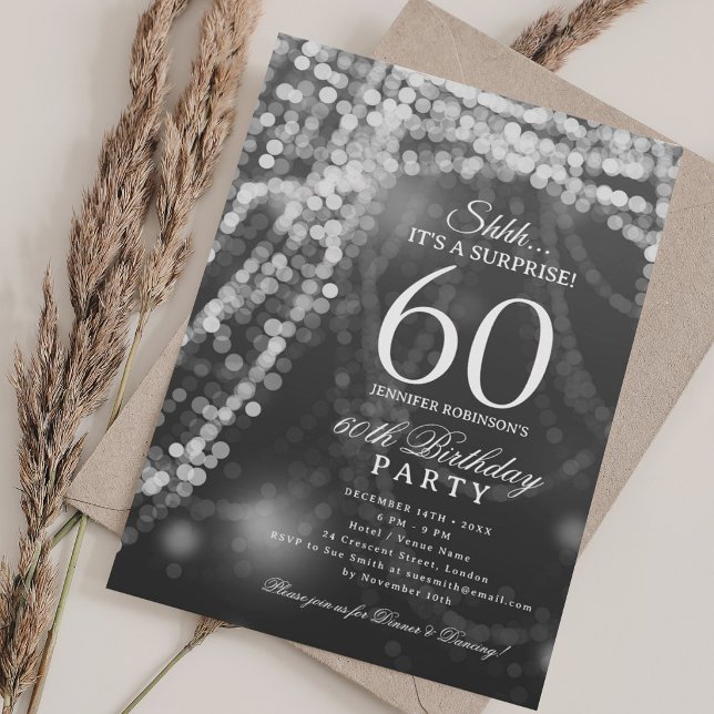 Invitación Plata | Fiesta de cumpleaños sorpresa 60  (Silver | Surprise 60th Birthday Party Invitation)