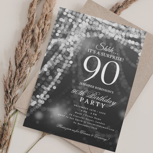 Invitación Plata | Fiesta sorpresa de 90 cumpleaños  (Silver | Surprise 90th Birthday Party Invitation)