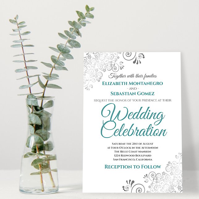 Invitación Plata Filigree Elegante simple Boda Verde azulado  (Subido por el creador)