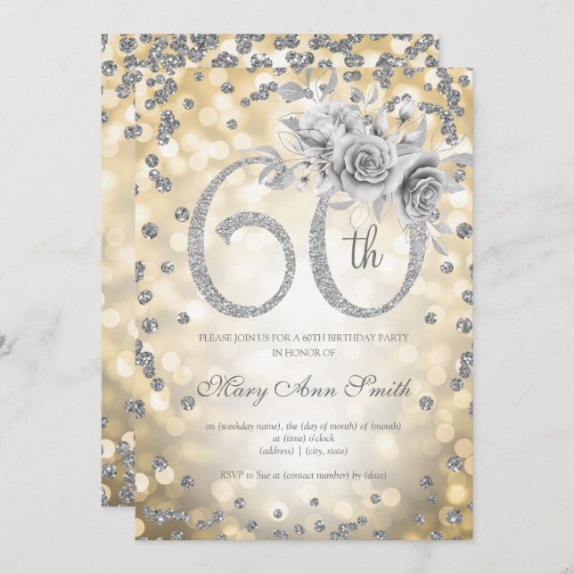 Invitación Plata Floral 60 cumpleaños Glam Luces de Oro (Anverso / Reverso)