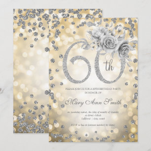 Invitación Plata Floral 60 cumpleaños Glam Luces de Oro
