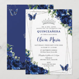 Invitación Plata floral azul real Quinceañera Butterflies
