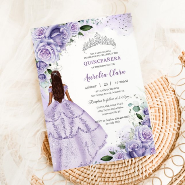 Invitación Plata Floral de lavanda morada Quinceañera dulce 1 (lavender-lilac-purple-floral-quinceanera-princess-dress-silver-15-sweet-16-birthday-invitation-card)