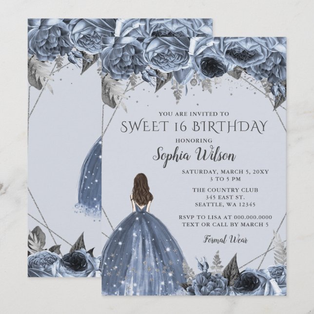 Invitación Plata Floral Dusty Blue Spakle Vestido Dulce 16 (Anverso / Reverso)
