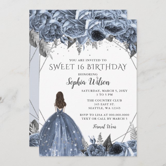 Invitación Plata Floral Dusty Blue Spakle Vestido Dulce 16 In (Anverso / Reverso)