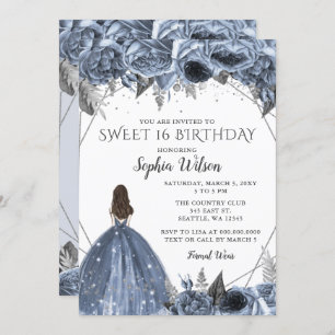 Invitación Plata Floral Dusty Blue Spakle Vestido Dulce 16 In
