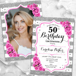Invitación Plata floral Foto rosa blanco 50 cumpleaños<br><div class="desc">Elegante, floral, femenina invitación de 50 años con tu foto en la parte trasera de la tarjeta. Diseño de color blanco brillante, rosa y plata falsa purpurina. Cuenta con rayas, rosas rosadas para bebés, fuente de escritura y confeti. Perfecto para un elegante fiesta de celebración de cumpleaños. Personaliza con tus...</div>