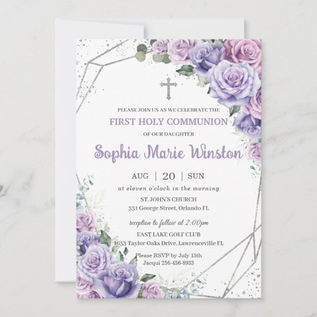Invitación Plata Floral Lilac Púrpura Primera Santa Comunión (Anverso)