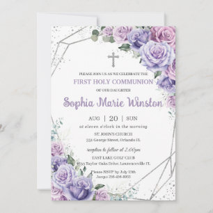Invitación Plata Floral Lilac Púrpura Primera Santa Comunión