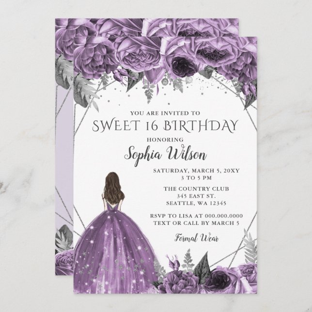Invitación Plata Floral Papel morado Dulce 16 (Anverso / Reverso)