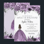 Invitación Plata Floral Papel morado Dulce 16<br><div class="desc">Elegante Plata Floral Plata Vestido de paño morado Dulce 16 Invitación</div>