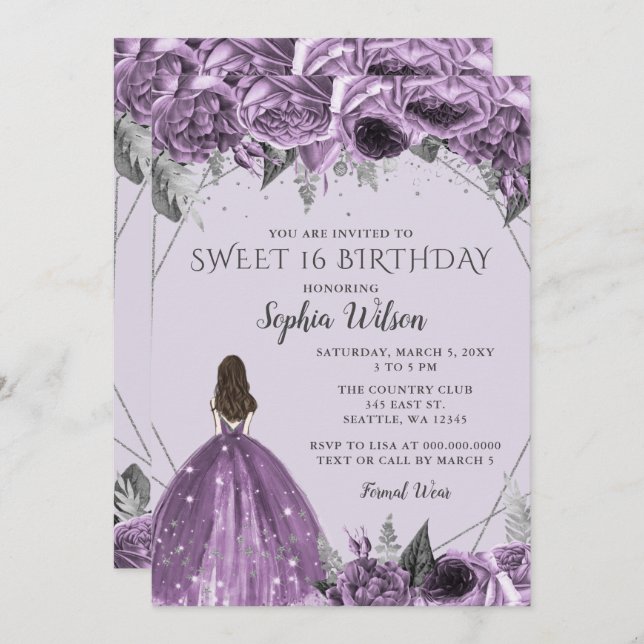 Invitación Plata Floral Papel morado Dulce 16 Invita (Anverso / Reverso)