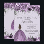 Invitación Plata Floral Papel morado Dulce 16 Invita<br><div class="desc">Elegante Plata Floral Plata Vestido de paño morado Dulce 16 Invitación</div>