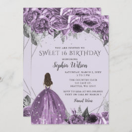 Invitación Plata Floral Papel morado Dulce 16 Invita