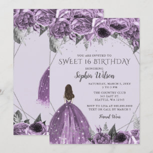 Invitación Plata Floral Papel morado Dulce 16 Invita