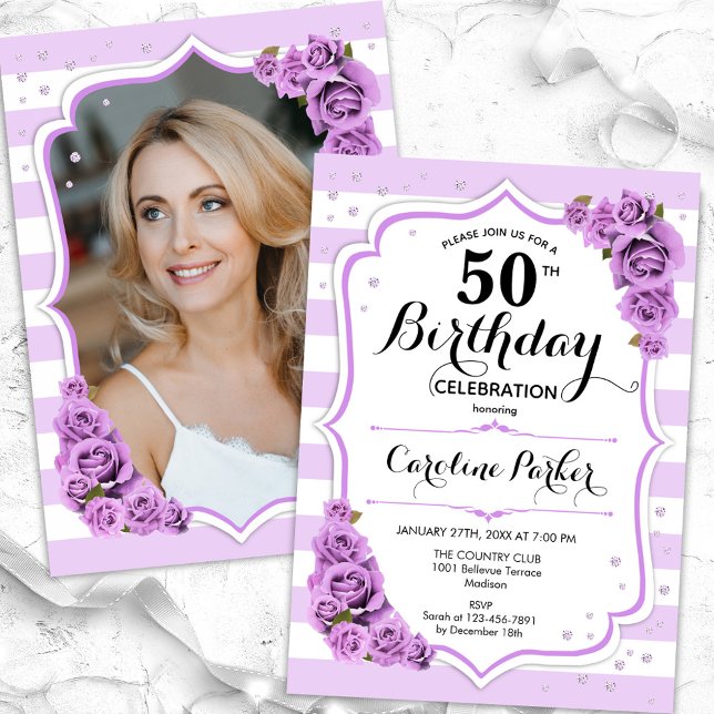 Invitación Plata floral Púrpura Blanca Foto 50 cumpleaños (Subido por el creador)
