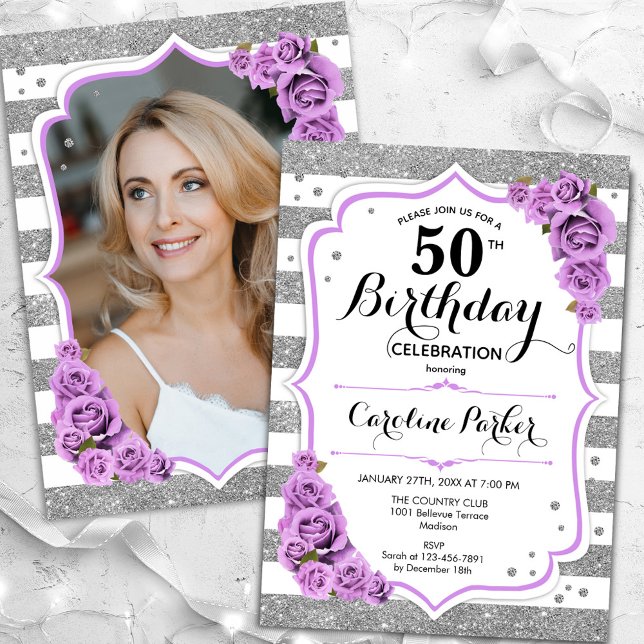 Invitación Plata floral Púrpura Blanca Foto 50 cumpleaños (Subido por el creador)
